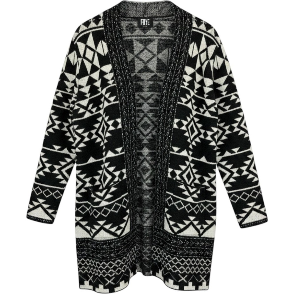 FRYE Women's M Black White Geometric Southwestern Open Front Long Cardigan